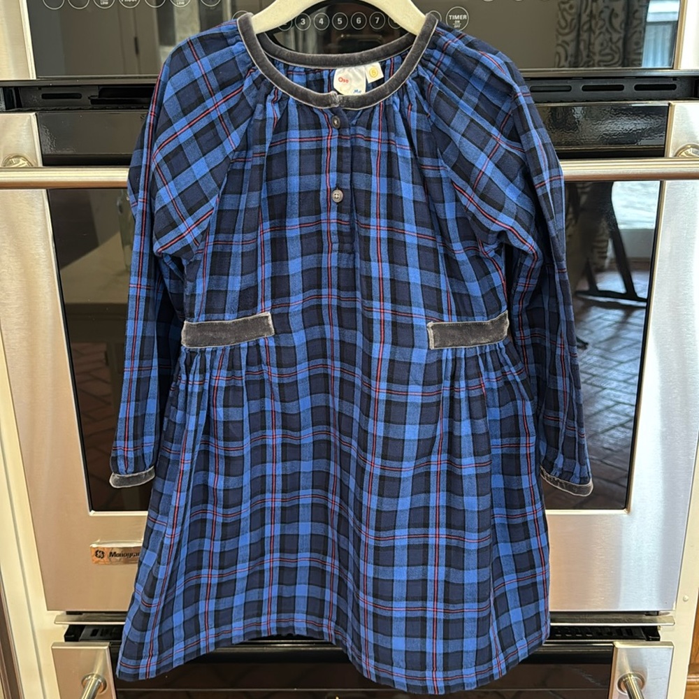 Oso & Me- Blue Plaid Elizabeth Dress w/Gray Velvet Trim Neck & Pockets -Size: 5T